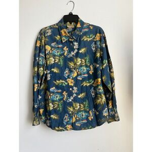 Liz Claiborne Izwear Button Down‎ Shirt Womens Medium Blue Floral Cotton